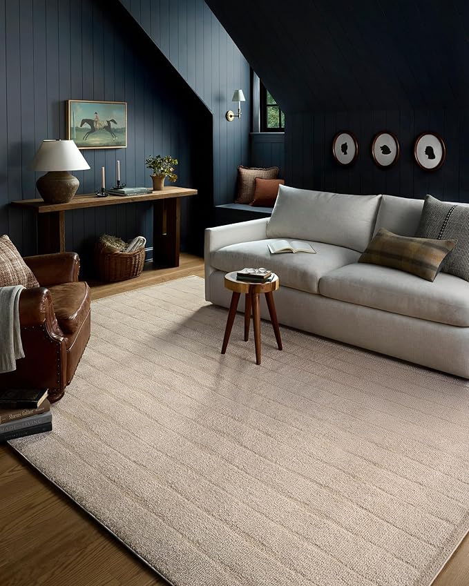 Loloi Chris Loves Julia Calvin Collection CLV-02 Ivory/Oatmeal 5'-3" x 5'-3" Round Area Rug Checkered Neutral Soft Living Room Bedroom Carpet