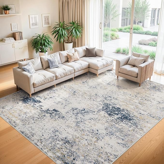 10x14 Washable Area Rugs - Modern Abstract Large Rugs for Living Room Non-Slip Low Pile Soft Machine Washable Carpet for Bedroom, Under Dining Table, Nursery, Farmhouse (10'x14' Beige Blue)