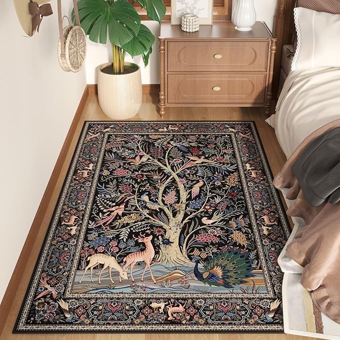 Rugcomf Area Rugs 4x6 Vibrant Tree of Life-Patterned Vintage Washable Rugs Non Slip Low Pile Small Carpet for Bedroom Bedside Kids Room Office Dining Room, Black
