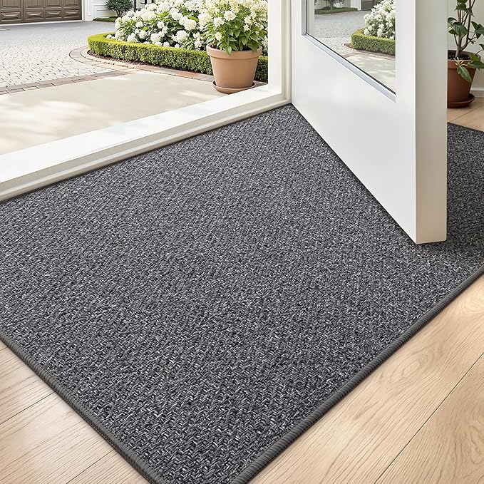 LUMI Ultra Thin Indoor Door Mat for Entrance 17"x30", Non Slip Entryway Mat, Low Profile Doormat, Unique Herringbone Design Carpet for Inside, Patio, Porch, Dark Gray