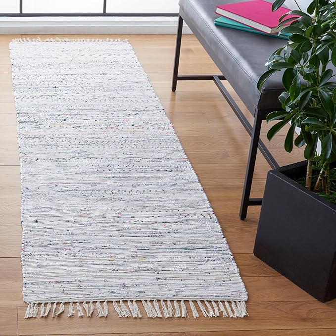 SAFAVIEH Rag Rug Collection Runner Rug - 2'3" x 8', Ivory & Multi, Handmade Boho Stripe Cotton, Ideal for High Traffic Areas in Living Room, Bedroom (RAR121G)