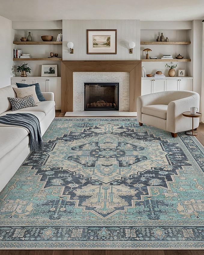 GENIMO 8X10 Area Rugs for Living Room, Machine Washable Vintage Floor Cover Foldable Modern Non Slip Rug, Low Pile Soft Indoor Carpet Floral Print Mat Rug,Bedroom/Dining Room/Home Office,Teal