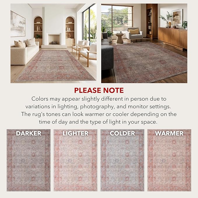 Kuden 4x6 Area Rug, Machine Washable Area Rug with Non-Slip Backing, Vintage Style, Soft, Easy Clean, Low Pile Rug for Living Room, Bedroom, Dining Room