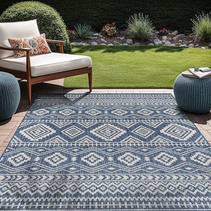 Beverly Rug Waikiki Boho Indoor Outdoor Rug 6x9, Washable Outside Carpet for Patio, Deck, Porch, Bohemian Area Rug, Farmhouse Rugs, Aztec Tribal Rug, Azure and White