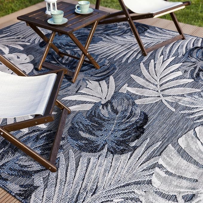 CAMILSON Indoor Outdoor Rug Navy Blue 4x6 Leaf Tropical Botanical Area Rugs for Indoor and Outdoor patios, Easy-Cleaning Non-Shedding Living Room Garden and Kitchen Washable Outside Carpet (4 x 6)