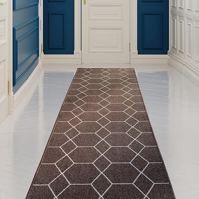 Custom Made Runner Rug for Kitchen Foyer Hallway Entry Choose Your Length Size 26 Inch Wide Geometric Lattice Design Brown Color (7 feet x 26 inch)