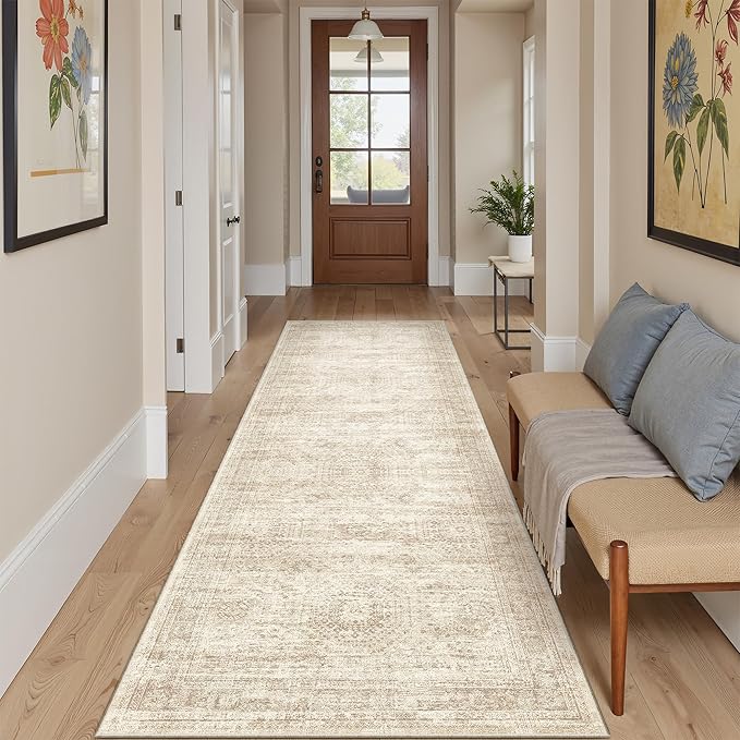 Runner Rug 2'6" x 10' Washable Non-Slip Runner Rugs for Kitchen Bathroom Laundry Room Vintage Ultra Thin Runners for Hallway Entryway Beige