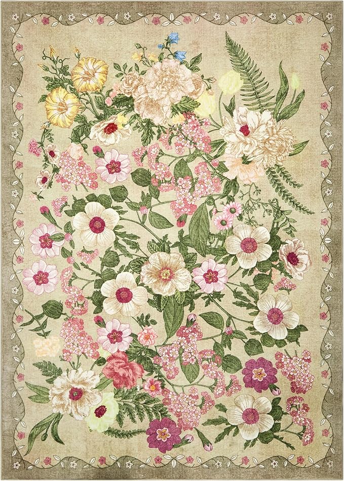 Floral Washable 5x7 Area Rugs - Living Room Rug Non Slip Low Pile Stain Resistant Carpets Indoor Vintage Flower Print Rug for Bedroom Dining Room Kitchen Home Office, Brown