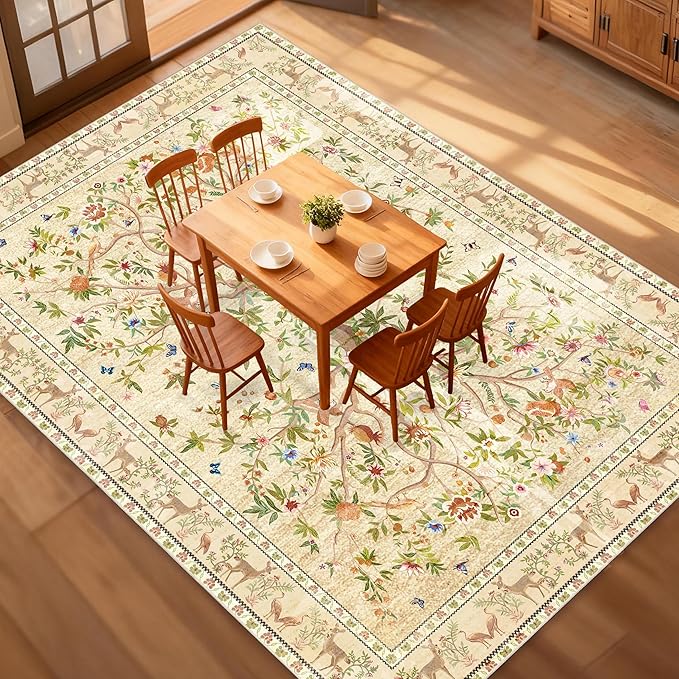8x10 Area Rugs for Living Room, Machine Washable Non-Slip Carpet, Boho Floral Low Pile Throw Rugs for Bedroom, Dining Room, Office, Nursery, Vintage Home Decor（Beige）
