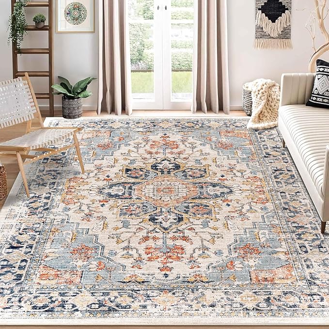 Enkor Area Soft Rugs 8x10 Washable Non Slip Boho Floor Rugs for Living Room Bedroom, Vintage Style Farmhouse Mat for Kitchen Entryway Orange & Black