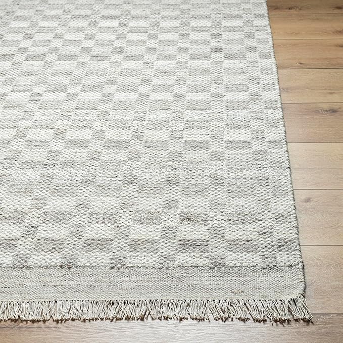 Mark&Day Wool Rugs, 4x6 Clinten Solid and Border Light Gray Checkered Rug, Grey Ivory Carpet for Living Room, Bedroom or Kitchen (3'6" x 5'6")