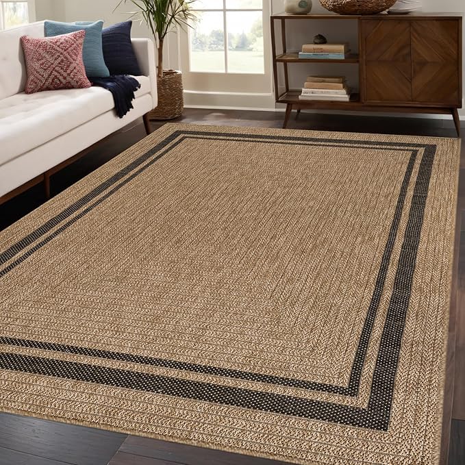 Beverly Rug Easy Jute Bordered Rug 8x10 Washable Durable Indoor Outdoor Area Rugs for Living Dining Room Patio Office Stain Resistant Non Shedding Casual Indoor Outside Carpet 8 x 10 Natural