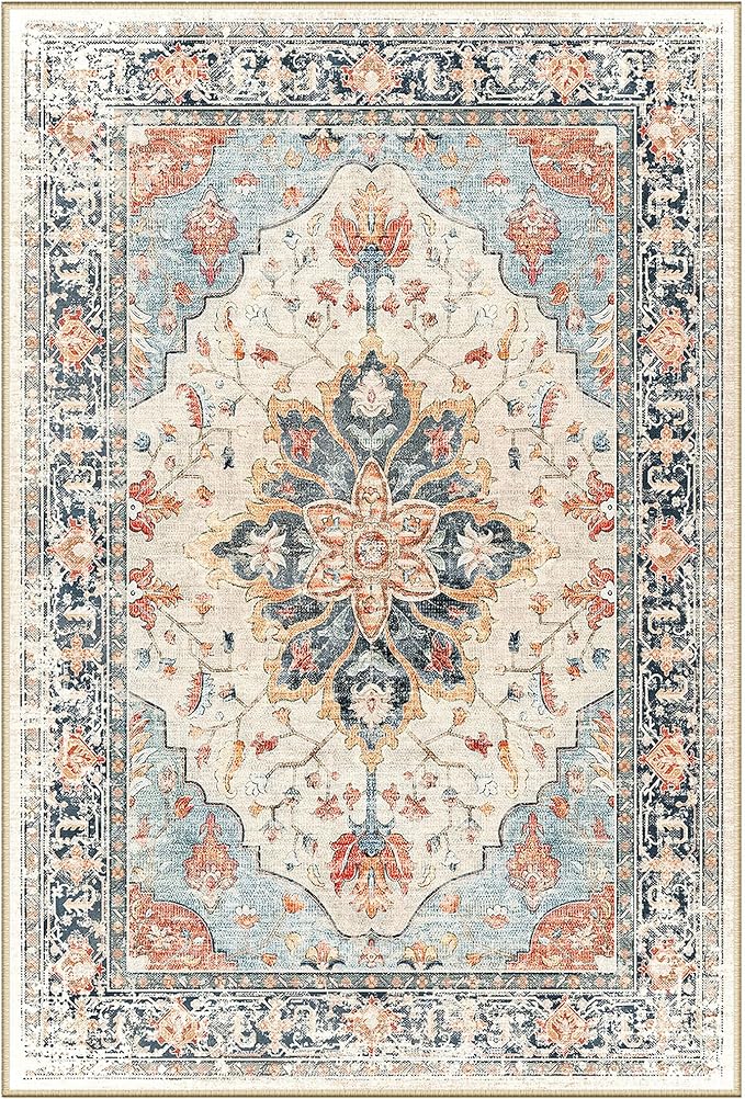 Area Rugs 3'x4' Washable Non-Slip, Floral Vintage Distress Print Pattern Medallion Carpet for Living Room Bedroom Dining Room, Beige Navy Blue Orange Colorful