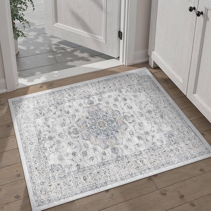 HUGEAR Entryway Machine Washable Area Rugs 2x3 Vintage Blue Small Neutral Style Non Slip Stain Resistant Low Pile Throw Carpet for Hallway Kitchen Retro Aesthetic Modern Decor