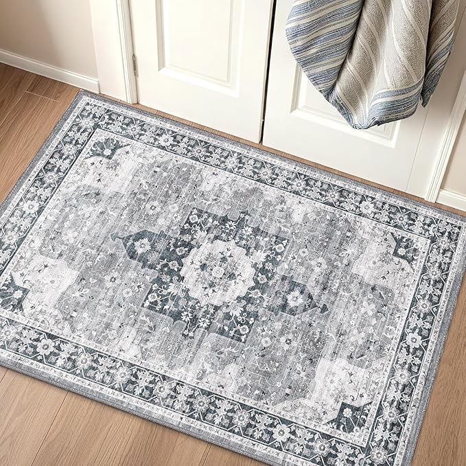 LUMI Indoor Thin Door Mat, 18x30 Washable Small Inside Doormat, Non Slip Low Pile Oriental Floor Carpet, Vintage Distressed Area Rug for Front Door,Entrance,Bedroom, Blue