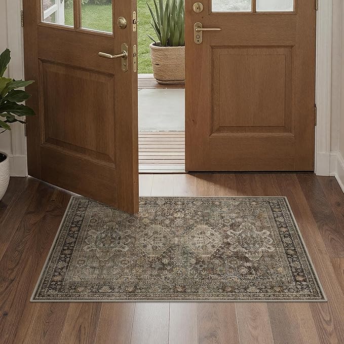 Bavni Washable Entry Rug 2x3, Non Slip Door Mat for Entryway or Kitchen, Vintage Print Low Pile Ultra Thin Indoor Rug, Brown