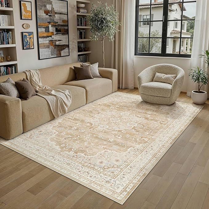 HUGEAR Machine Washable Area Rugs 5x7 Vintage Beige Brown Living Room Bedroom Rug Neutral Style Non Slip Stain Resistant Low Pile Throw Carpet for Home Retro Aesthetic Modern Decor