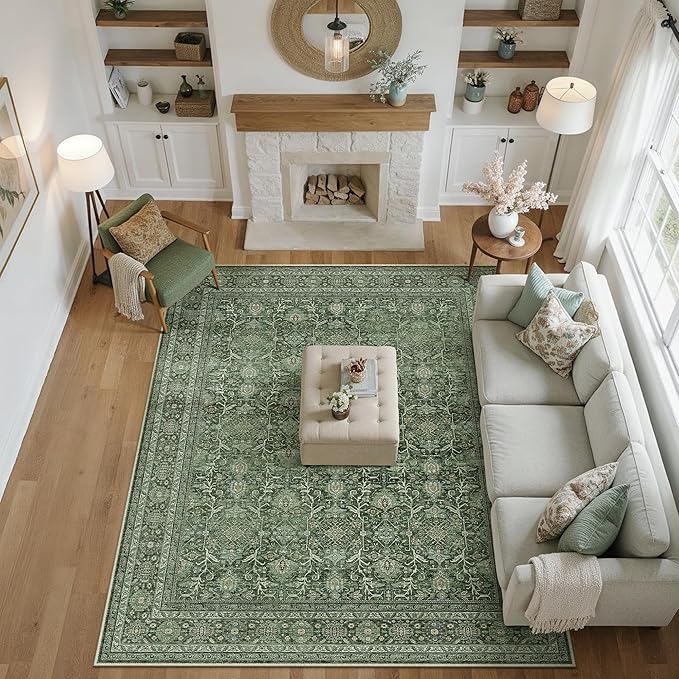 Area Rug 9x12 Green Washable Living Room Carpet Soft Non Slip Vintage Bedroom Indoor Office Traditional Retro Distressed Large Thicker Throw Rug for Dining Room Playroom