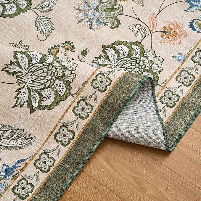 jinchan Elora Floral Corner Rug for Entryway Washable Kitchen Rug Vintage Romance Design Non Slip Quarter Circle Lightweight Low-Pile Throw Carpet for Playroom Reading Nook, 4ft Radius, Green/Beige