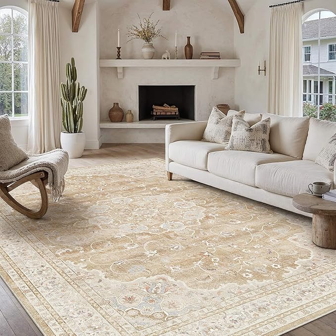HUGEAR Machine Washable Area Rugs 6x9 Vintage Beige Brown Living Room Bedroom Rug Neutral Style Non Slip Stain Resistant Low Pile Throw Carpet for Home Retro Aesthetic Modern Decor