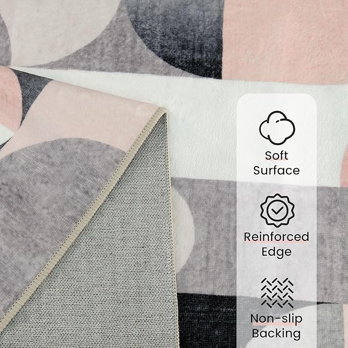 Pink Rug 3x5 Washable Area Rugs for Bedroom Living Room Kitchen Entryway Bedside,Modern Non Slip Carpet,Small Blush Grey Black
