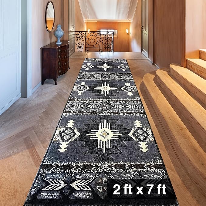 YHSF South West Native American Area Rug C318 - Easy Clean, Thick, Soft, Durable Native Tribal American Indian Inspired Rug for Bedroom/Living Room and More - Grey, 2 Feet x 7 Feet
