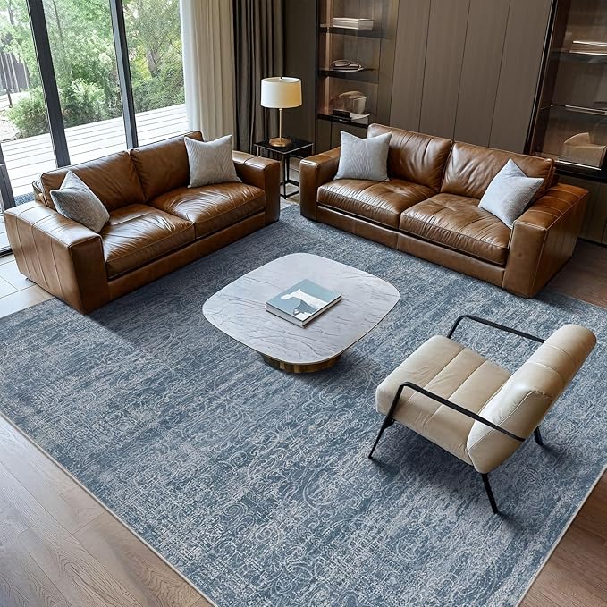 Area Rug Living Room Rugs - 10x12 Washable Large Soft Indoor Neutral Modern Abstract Low Pile Rug Carpet for Bedroom Dining Room Farmhouse Home Office - Dark Blue