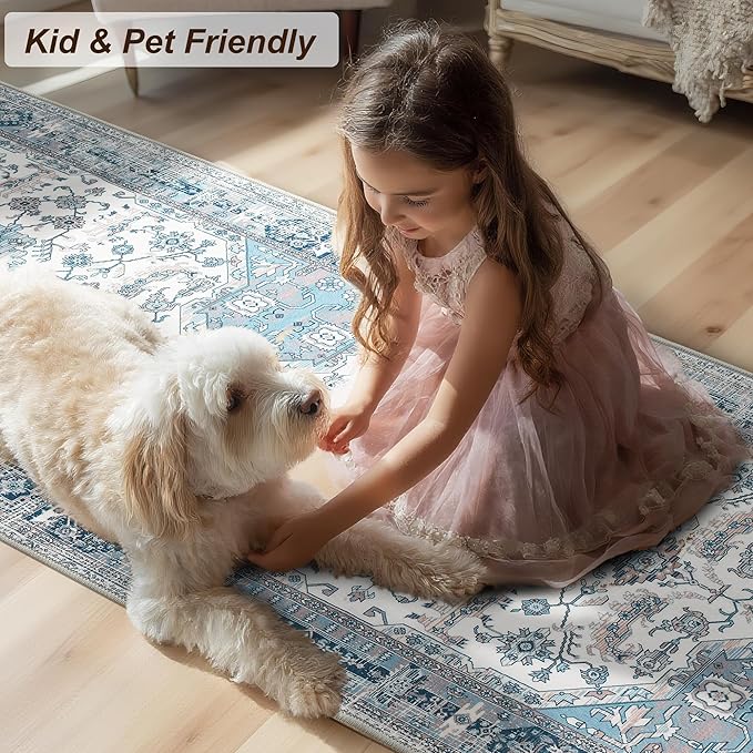 XWZO Washable Hallway Runner Rug 2x8ft — Non-Slip Low Pile Area Rug with Rubber Backing, Spill Resistant Soft Vintage Floor Carpet Runner for Kitchen Entryway Doorway Bedroom Corridor, Blue