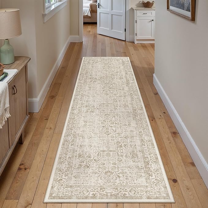 Light Brown Runner Rug 2'6"x14' Washable Carpet for Hallway Kitchen Vintage Distressed Non Slip Indoor Retro Floral Bedroom Accent Throw Long Rug Bathroom Office Laundry Dining Living Room
