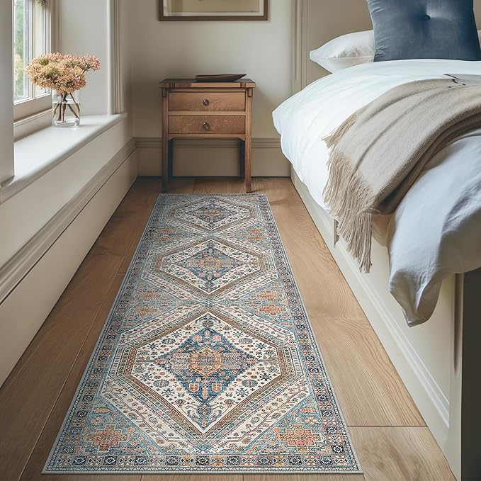 Bavni Runner Rug 2x10 Kitchen Rugs for Hallways Entryway, Washable Vintage Print Carpet, Ultra-Thin Chenille Low Pile Lightweight Rug with Non Slip Backing, Blue/Orange