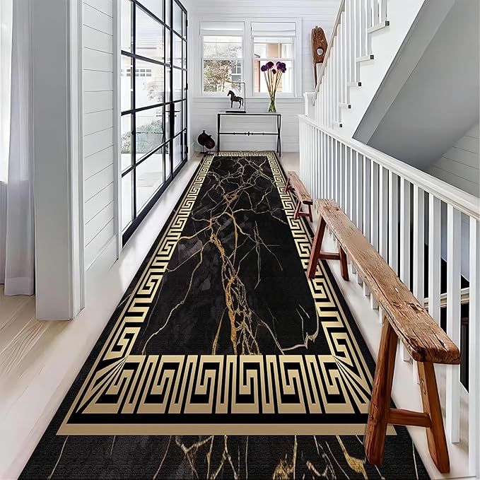 Black Gold Marble Texture Entryway Carpet, 2x7ft, Greek Key Geometric Design Bedroom Rug, Abstract Gold Crack Breathable Floor Rugs, No Crease Washable Carpets for Front Door