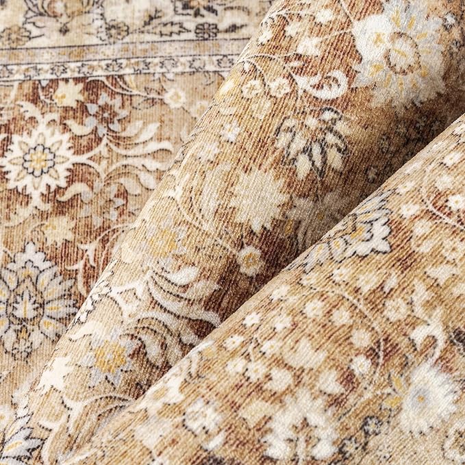 HUGEAR 6x9 Machine Washable Rugs Brown Beige Hallway Large Area Rug Indoor Accent Rug Floral Low Pile Carpet Soft Throw Aesthetic Rug Bedroom Living Room Office Dining Room Kitchen Laundry Room
