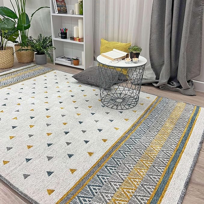 Alfa Rich 7x10 Gold Gray Off White Washable Area Rugs for Living Room Bedroom Kitchen Decor Cotton