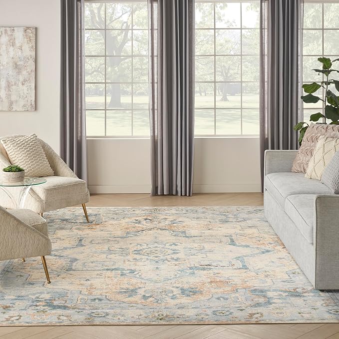 Nourison Home Astra Machine Washable Beige Blue 6'7" x 9' Area Rug - Easy Clean, Non Shedding, Bed Room, Living Room, Dining Room, Kitchen (7' x 9')