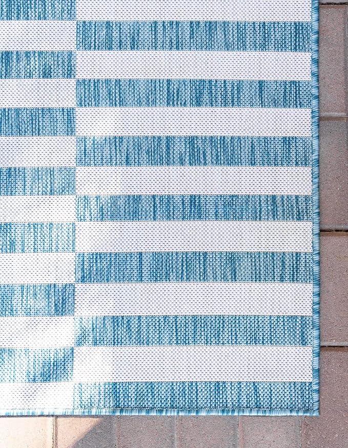 Unique Loom Outdoor Striped Collection Area Rug - Striped (5' 1" x 8' Rectangle, Light Aqua/Ivory)