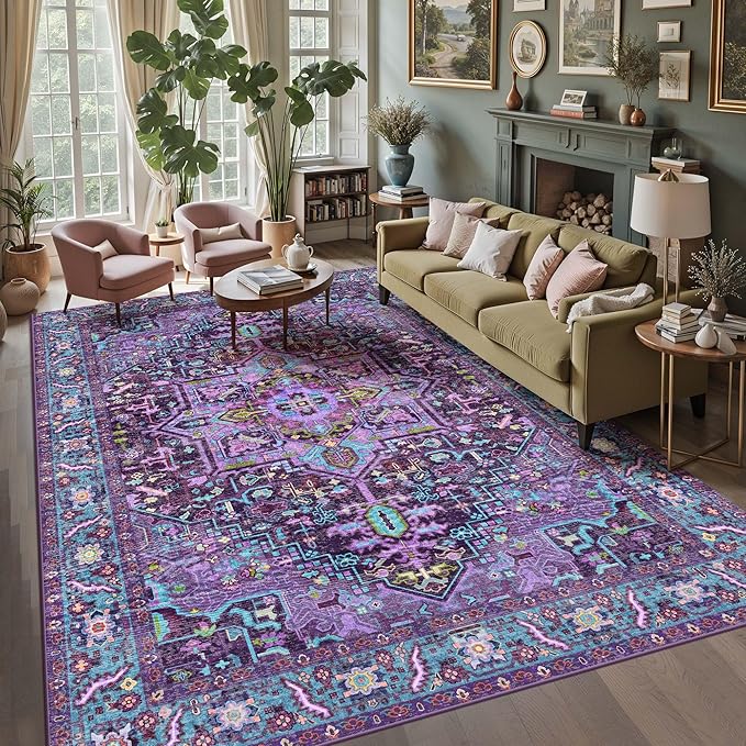 Kokia 9x12 Washable Area Rugs Violet Purple with Vintage Orient Design, Soft Rug for Living Room or Bedroom, Non-Slip Low Pile Stain Resistance Features, Distressed Medallion Pattern
