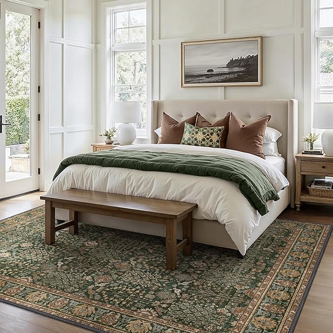Bavni Washable Rugs 8x10-Machine Washable Rug Lightweight Low Pile, Vintage Floral Rug Non-Shedding Distressed Throw Carpet for Living Room Bedroom Office, Dark Green/Multi