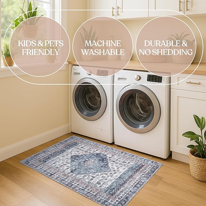 Washable Area Rug. Modern Farmhouse. Vintage. Turkish. Bohemian. Distressed. Oriental. Traditional. Rugs for Living Room. Dining. Bedroom. Office. Entryway. Foyer. (859NC, 5'9 x 8'9)
