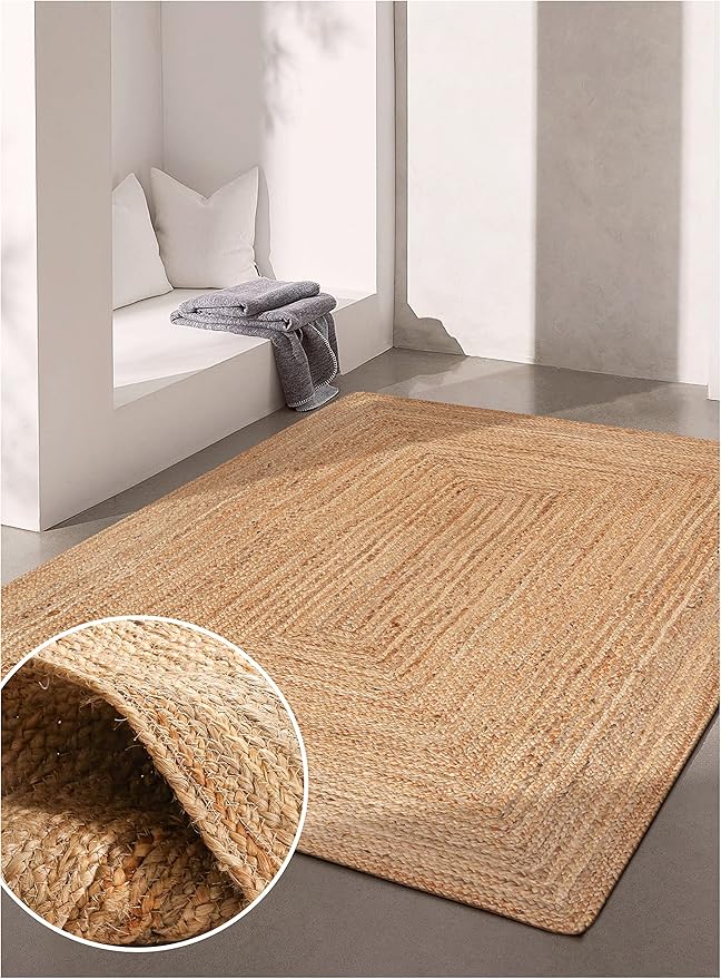 Hand Woven Farmhouse Jute Area Rug 6x9 Ft Rectuangle Natural Yarn, Rustic Vintage Beige Braided Reversible Rug, Eco Friendly Rugs for Bedroom, Kitchen, Living Room, Farmhouse 100% Jute Rug - Natural