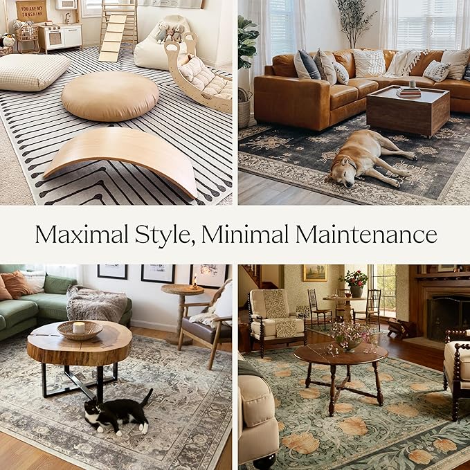 RUGGABLE Washable Vintage Area Rug – Verena Amber Red 4x6, Stain-Resistant, Non-Slip – Medium Machine Washable Rugs for Living Room, Bedroom, Hallway, Entryway & Office–with Standard Pad