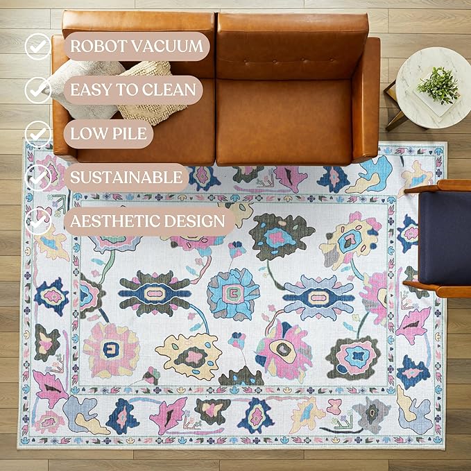 Fame Living Colorful Oushak Runner Rug, Modern Runners, Turkish, Eclectic, Floral, Pastel, Washable, Small Throw Rugs, Short Runner for Hallway, Entryway, Foyer, Bedroom, Kitchen, Bathroom, 2'5"x6'5"