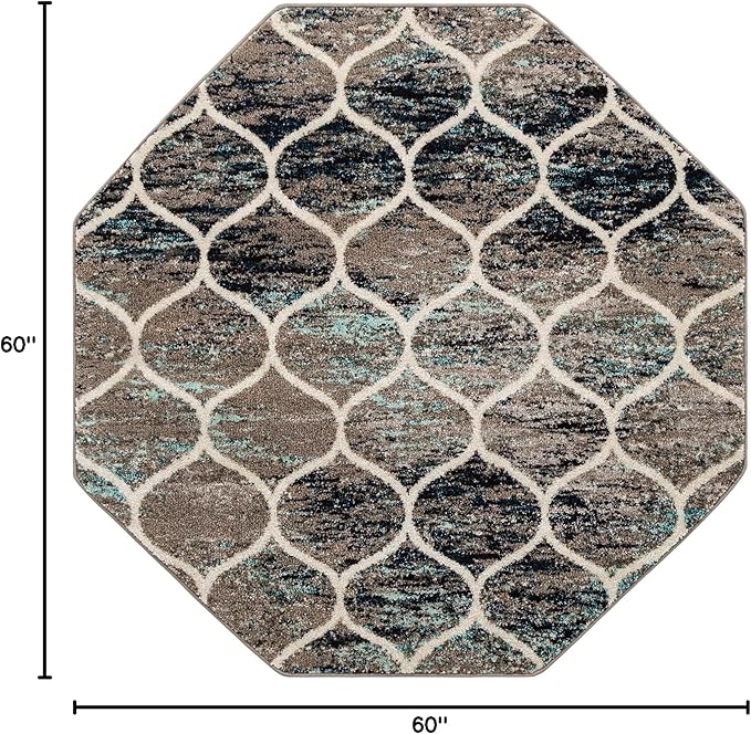 Rugs.com Lattice Frieze Collection Rug – 5' Octagon Blue Multi Medium Rug Perfect for Living Rooms, Kitchens, Entryways