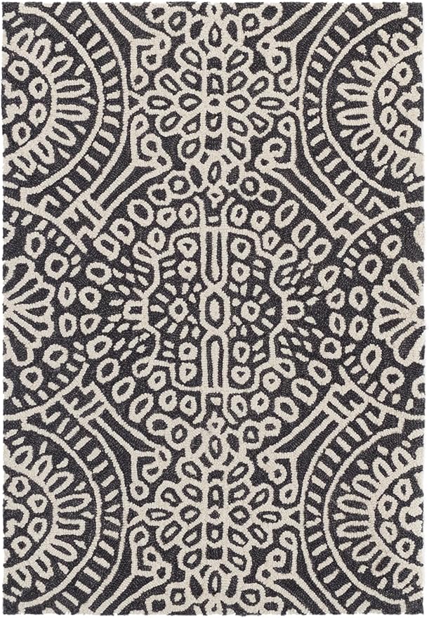 Dash & Albert Temple Charcoal Hand Micro Hooked Wool Rug, 6 X 9 Feet, Grey Geometric Pattern