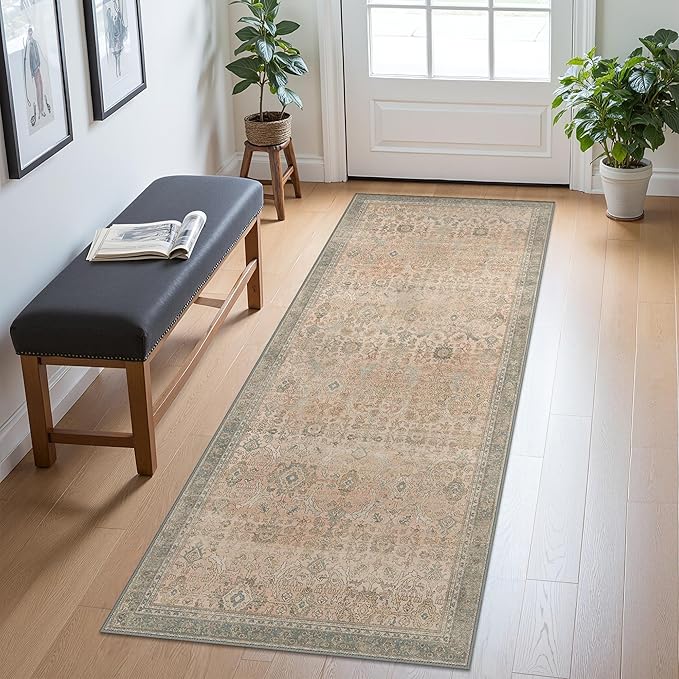 2x5 Runner Rug Machine Washable Boho Runners for Hallway,Ultra-Thin Low Pile Rug,Lightweight Indoor Carpet,Non Slip Floral Runners for Enrtyway, Corridor, Home Office, Kitchen,Light Beige