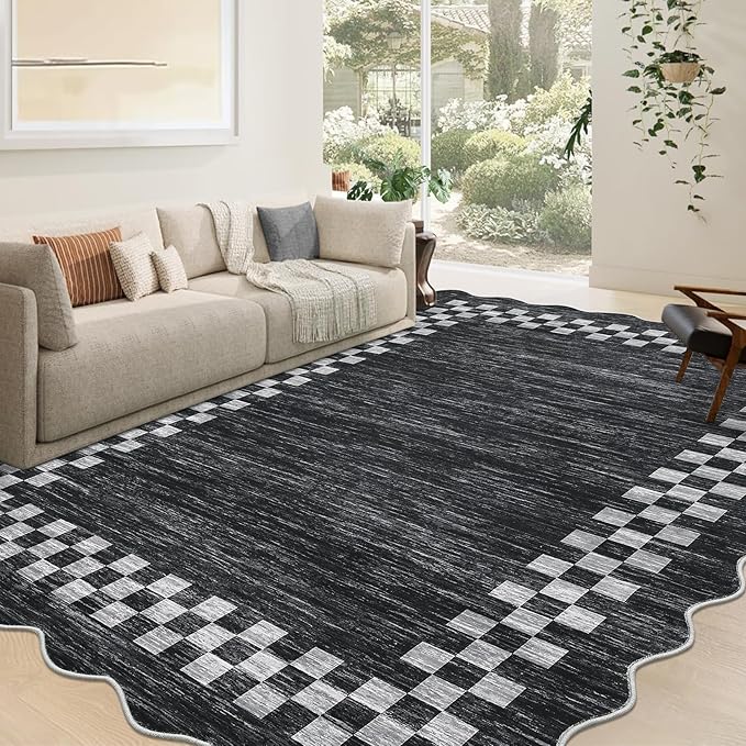GarveeHome Area Rug 6x9 Large Living Room Modern Border Throw Rug with Rubber Backing Stain Resistant Dining Room Throw Carpet Washable Scalloped Rug for Bedroom Home Decor Office, Grey