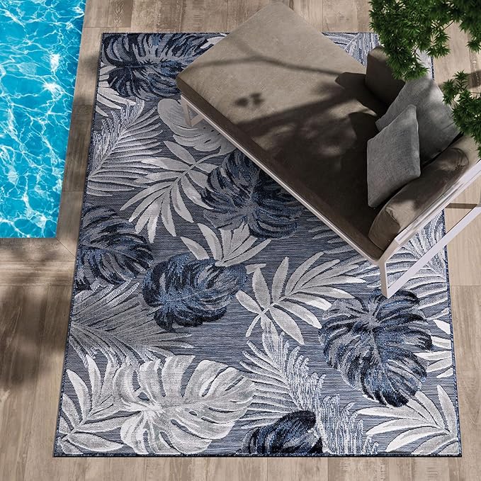 CAMILSON Indoor Outdoor Rug Navy Blue 5x7 Leaf Tropical Botanical Area Rugs for Indoor and Outdoor patios, Easy-Cleaning Non-Shedding Living Room Garden and Kitchen Washable Outside Carpet (5 x 7)