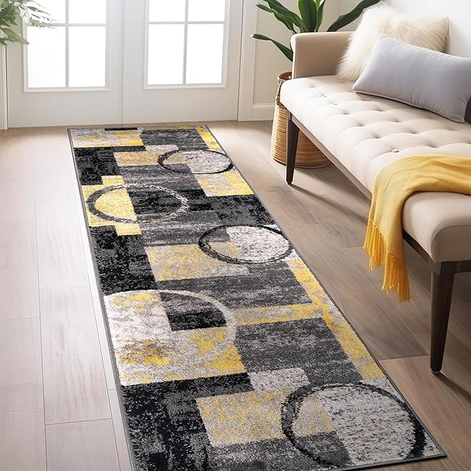 Rugshop Contemporary Circle Design Runner Rug, Non-Shedding Carpet for Hallway, Kitchen, or Entryway, Yellow, 2' x 7'2"