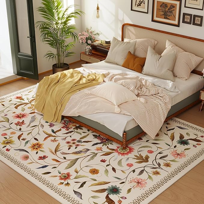 Vintage Medallion Floral Area Rugs 8x10 Clearance, Machine Washable Non-Slip, Low Pile Soft Large Carpet for Living Room, Bedroom, Dining Room, Farmhouse, Kids Playroom, Office | Beige