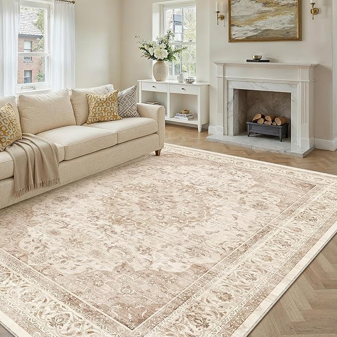 10x12 Beige Washable Vintage Area Rug for Living Room Bedroom Soft Tranditional Non Slip Large Throw Rug Lightweight Floral Low Pile Distressed Carpet Bedroom Playroom Classroom Office