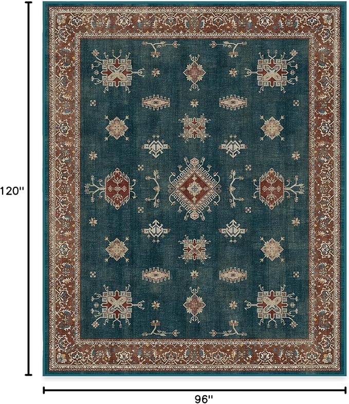 RUGGABLE Washable Vintage Area Rug – Verena Teal Blue 8x10, Stain-Resistant, Non-Slip – Large Machine Washable Rugs for Living Room, Bedroom, Hallway, Entryway & Office–with Standard Pad